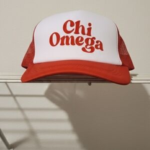 Red and White Chi Omega Trucker Hat